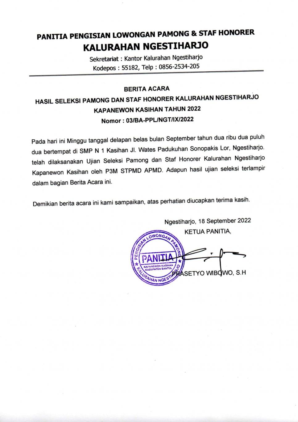 Hasil Seleksi Pamong dan Staf Honorer Kalurahan 